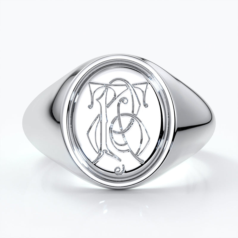 Oval platinum ring with a custom design