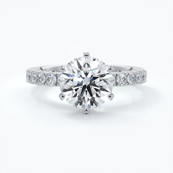 Diamond engagement ring with six claws and diamonds on each shoulder