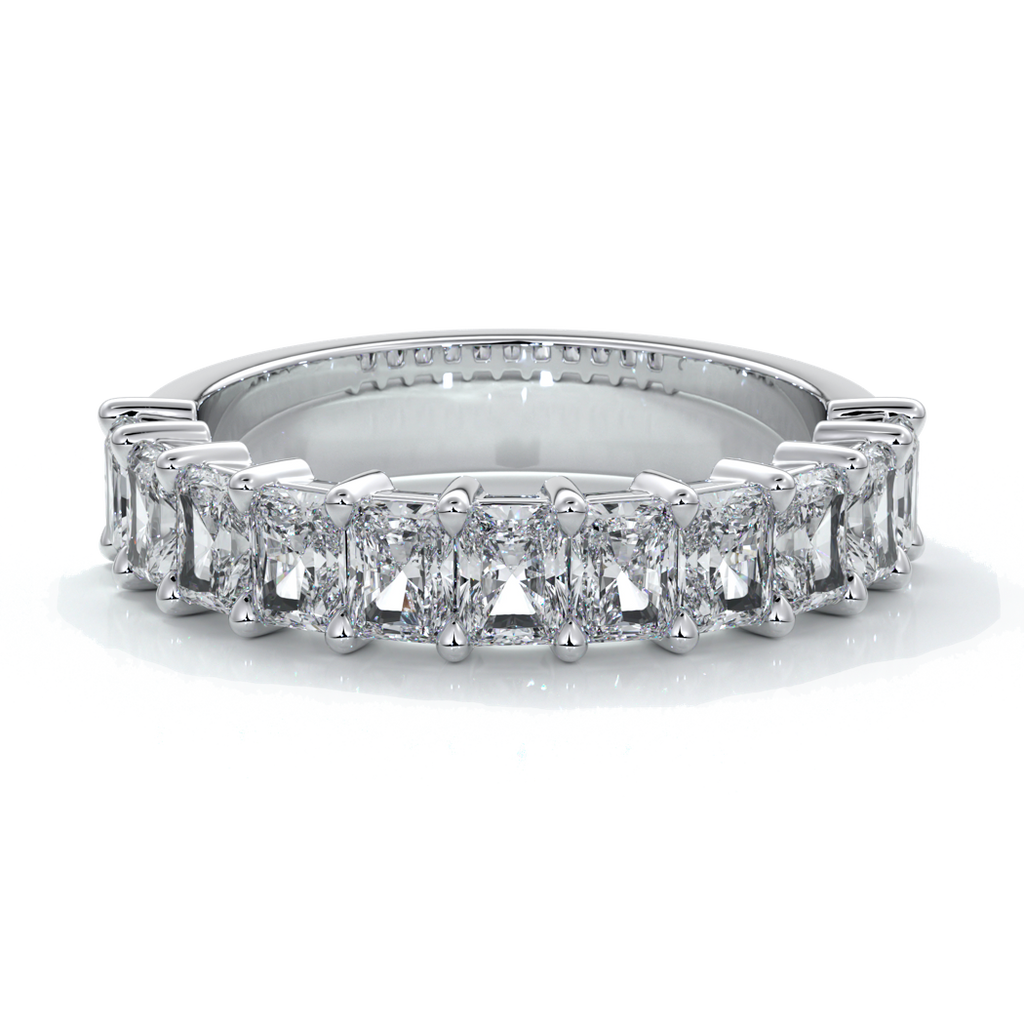 White gold women's wedding band with 3mm x 2.5mm radiant cut diamonds in a scalloped setting