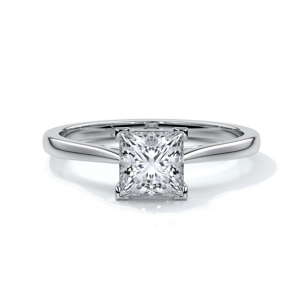 Platinum one carat princess cut diamond ring held by four claws with a cathedral setting