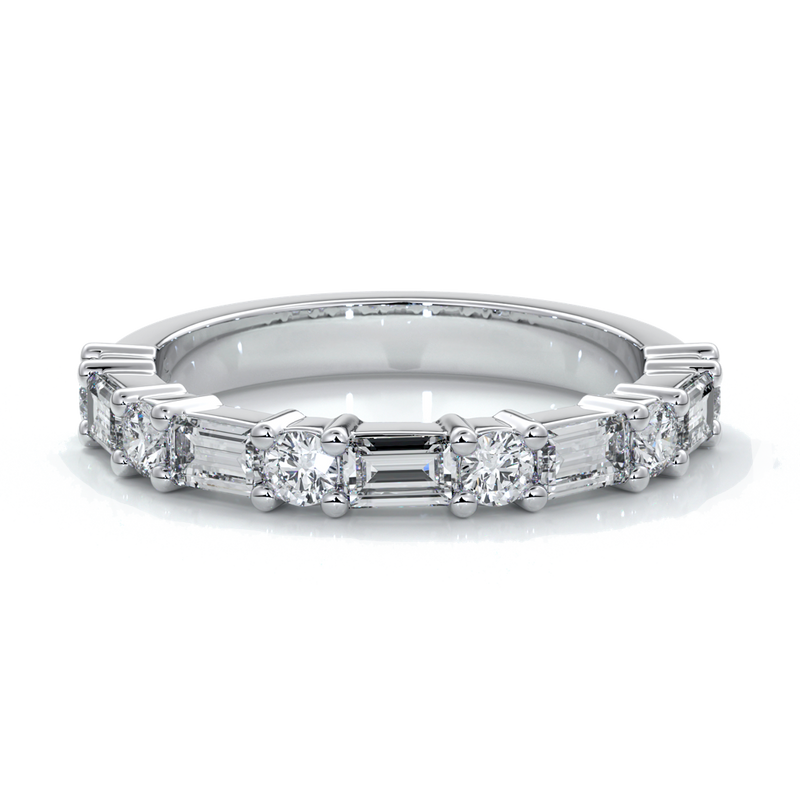 Women's wedding band with five straight baguette diamonds, complimented by six round brilliant cut diamonds in a scalloped setting