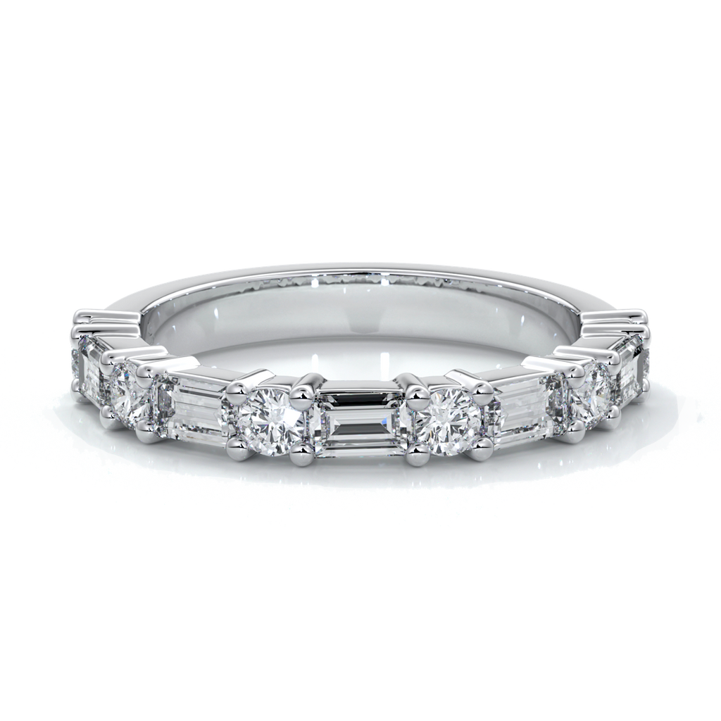 Women's wedding band with five straight baguette diamonds, complimented by six round brilliant cut diamonds in a scalloped setting