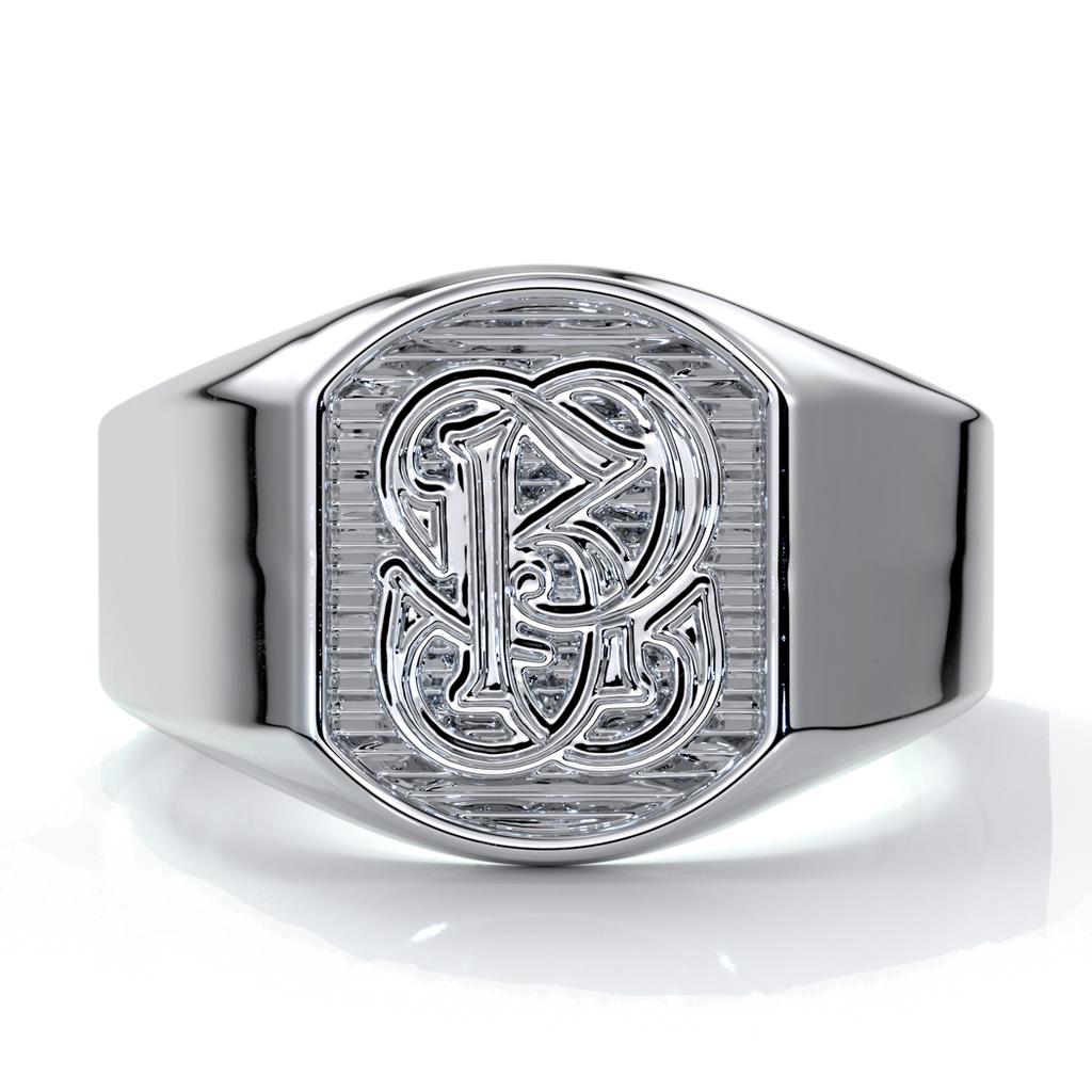 White gold men’s wedding ring with crest design