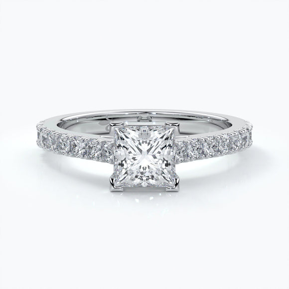 Platinum square cut diamond ring, with diamond on the shoulders