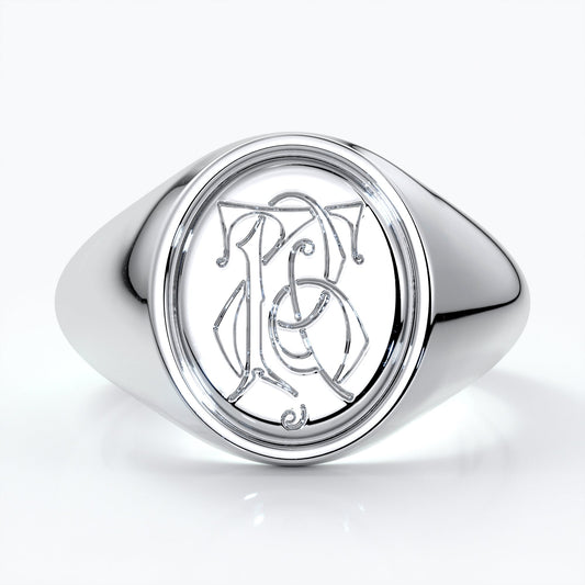 Oval platinum ring with a custom design