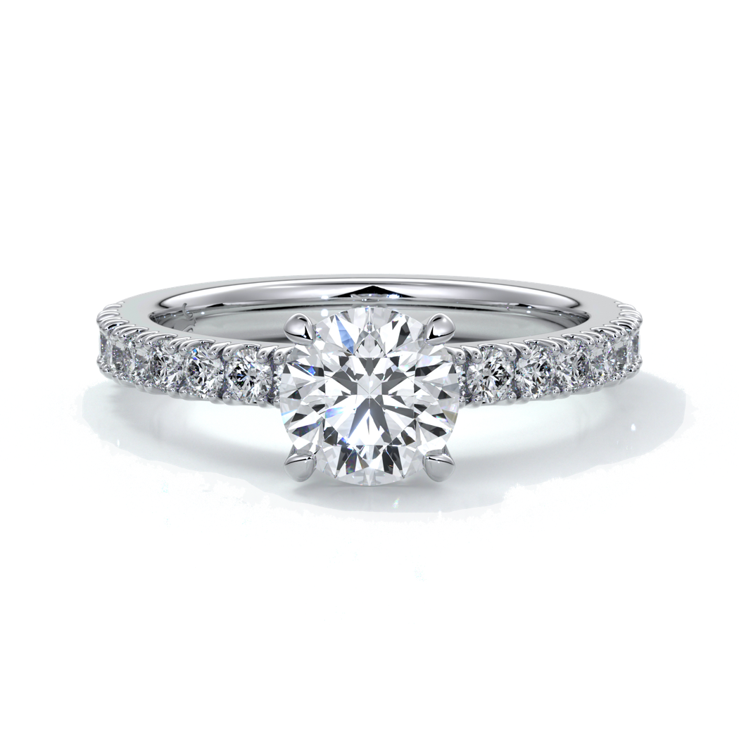 Platinum ring with round diamonds and diamonds on the band