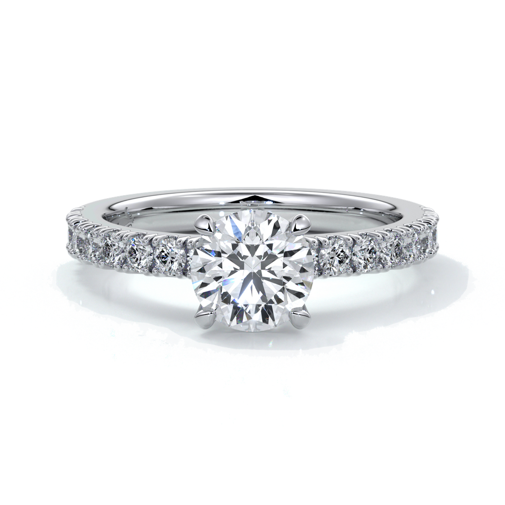 Platinum ring with round diamonds and diamonds on the band