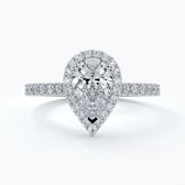 Platinum one carat pear cut halo diamond ring set with double claw with shoulder diamonds