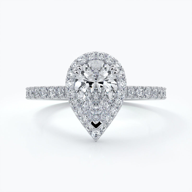 Platinum one carat pear cut halo diamond ring set with double claw with shoulder diamonds