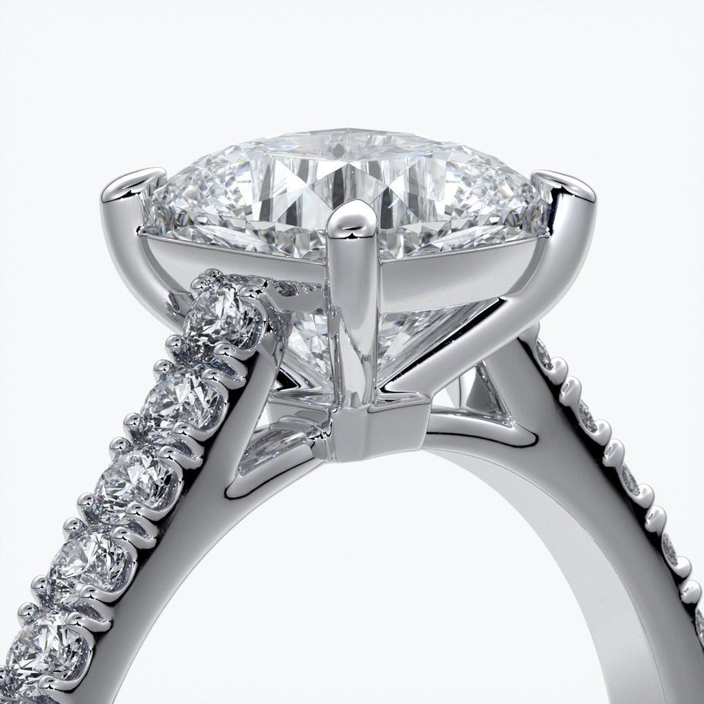 Alison Engagement ring cushion cut diamond 4 claw cathdral shoulder diamonds platinum