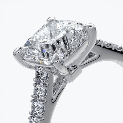 Alison Engagement ring cushion cut diamond 4 claw cathdral shoulder diamonds platinum