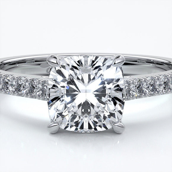 Alison Engagement ring cushion cut diamond 4 claw cathdral shoulder diamonds platinum