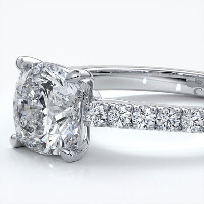 Alison Engagement ring cushion cut diamond 4 claw cathdral shoulder diamonds platinum