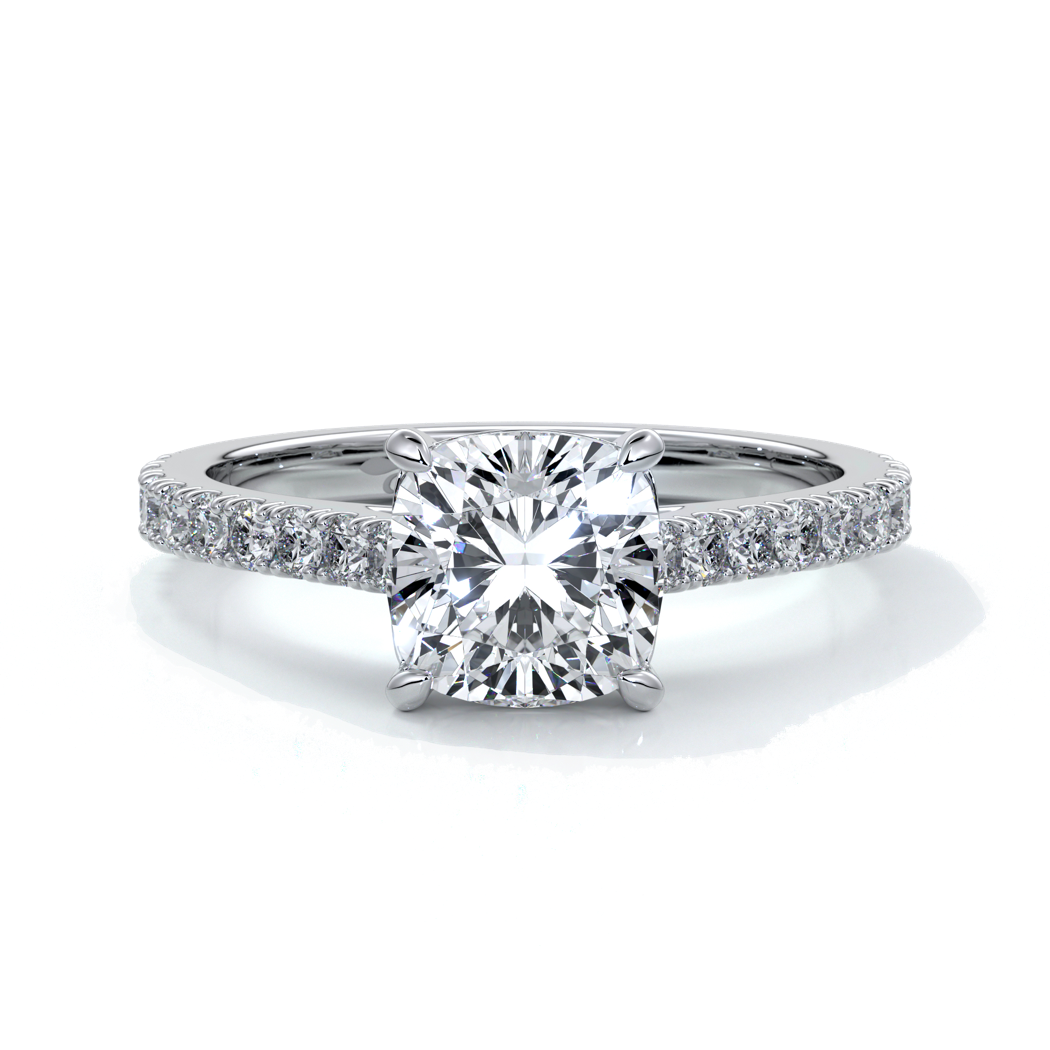 Platinum cathedral style band with a one and a half carat cushion cut diamond set in four claw platinum setting with shoulder diamonds