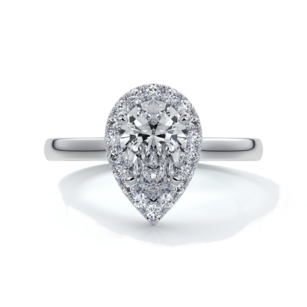 Platinum ring with a one carat pear cut diamond in a cathedral halo setting with a slim band