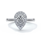 Platinum ring with a one carat pear cut diamond in a cathedral halo setting with a slim band