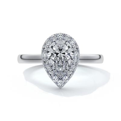 Platinum ring with a one carat pear cut diamond in a cathedral halo setting with a slim band