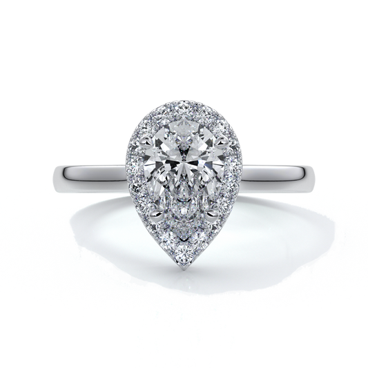 Platinum ring with a one carat pear cut diamond in a cathedral halo setting with a slim band