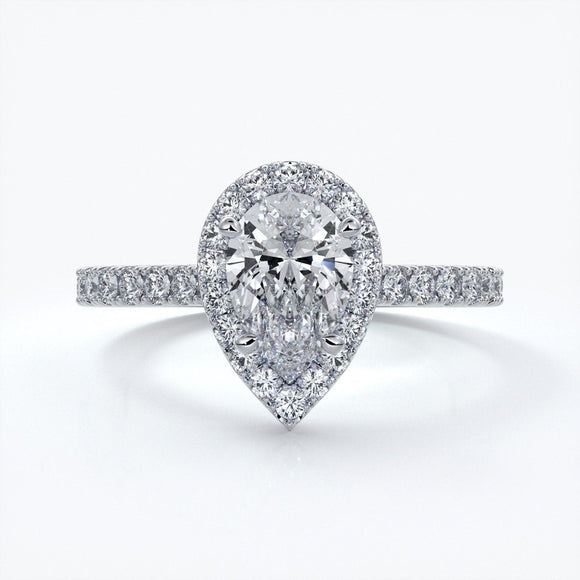 Ava Engagement Ring pear diamond band halo platinum