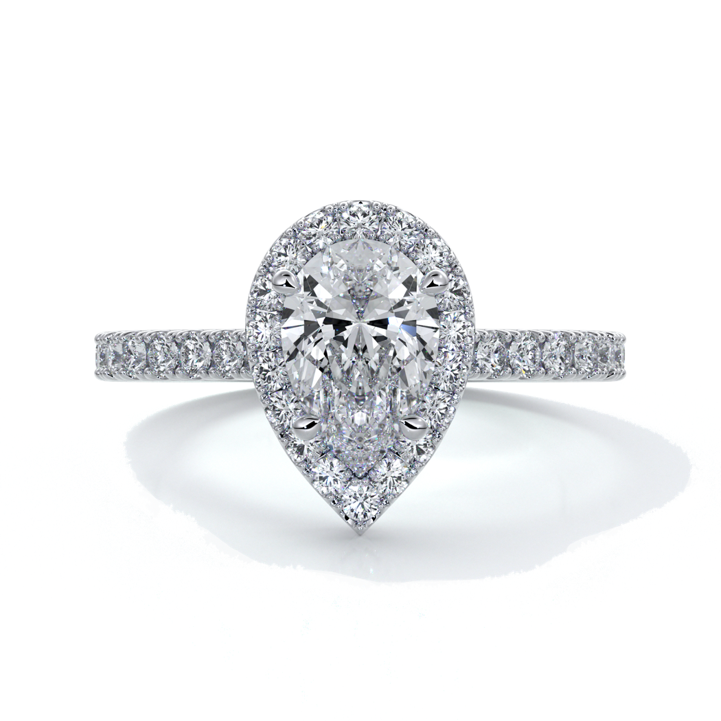 Platinum ring with a one carat pear cut halo diamond set in a double claw with cathedral setting and shoulder diamonds