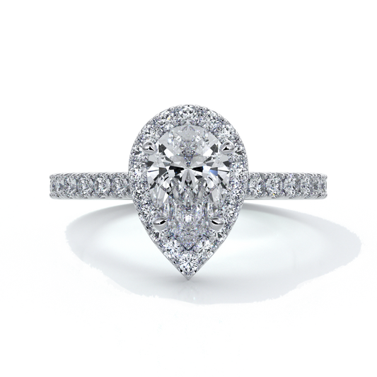 Platinum ring with a one carat pear cut halo diamond set in a double claw with cathedral setting and shoulder diamonds
