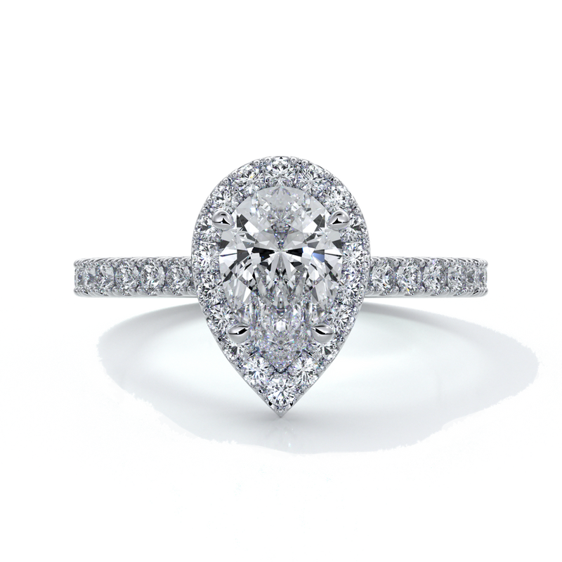 Platinum ring with a one carat pear cut halo diamond set in a double claw with cathedral setting and shoulder diamonds