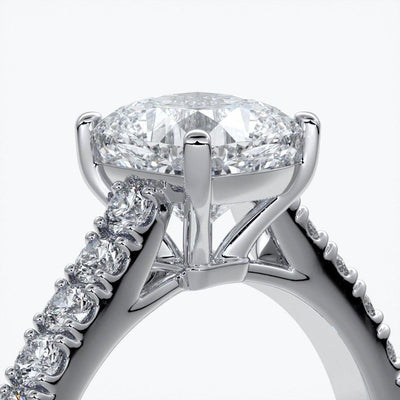Beatrice Engagement ring cushion cut diamond cathedral 4 claw diamond band platinum