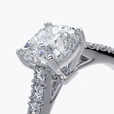 Beatrice Engagement ring cushion cut diamond cathedral 4 claw diamond band platinum
