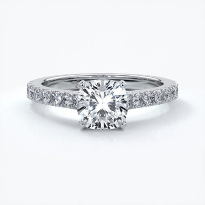 Beatrice Engagement ring cushion cut diamond cathedral 4 claw diamond band platinum