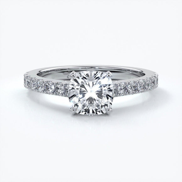 Beatrice Engagement ring cushion cut diamond cathedral 4 claw diamond band platinum