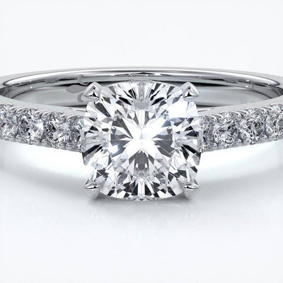 Beatrice Engagement ring cushion cut diamond cathedral 4 claw diamond band platinum