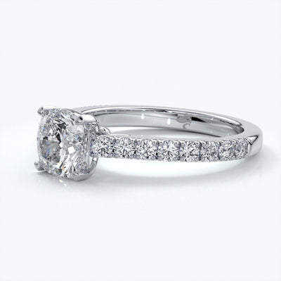 Beatrice Engagement ring cushion cut diamond cathedral 4 claw diamond band platinum