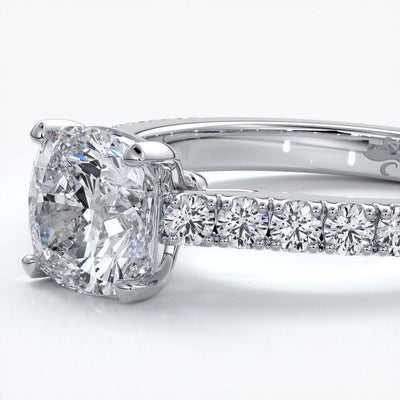 Beatrice Engagement ring cushion cut diamond cathedral 4 claw diamond band platinum