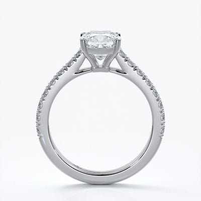 Beatrice Engagement ring cushion cut diamond cathedral 4 claw diamond band platinum
