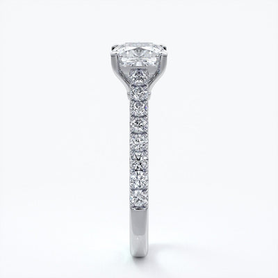 Beatrice Engagement ring cushion cut diamond cathedral 4 claw diamond band platinum