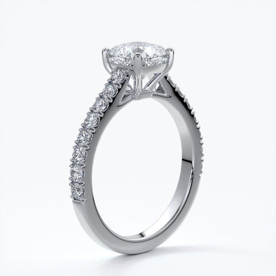 Beatrice Engagement ring cushion cut diamond cathedral 4 claw diamond band platinum