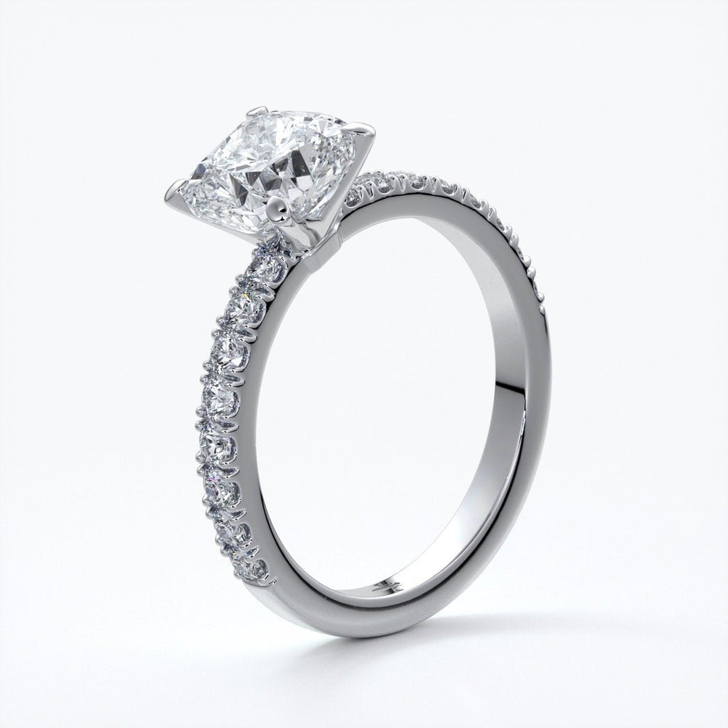 Belle Engagement ring cushion cut diamond 4 claw diamond band platinum