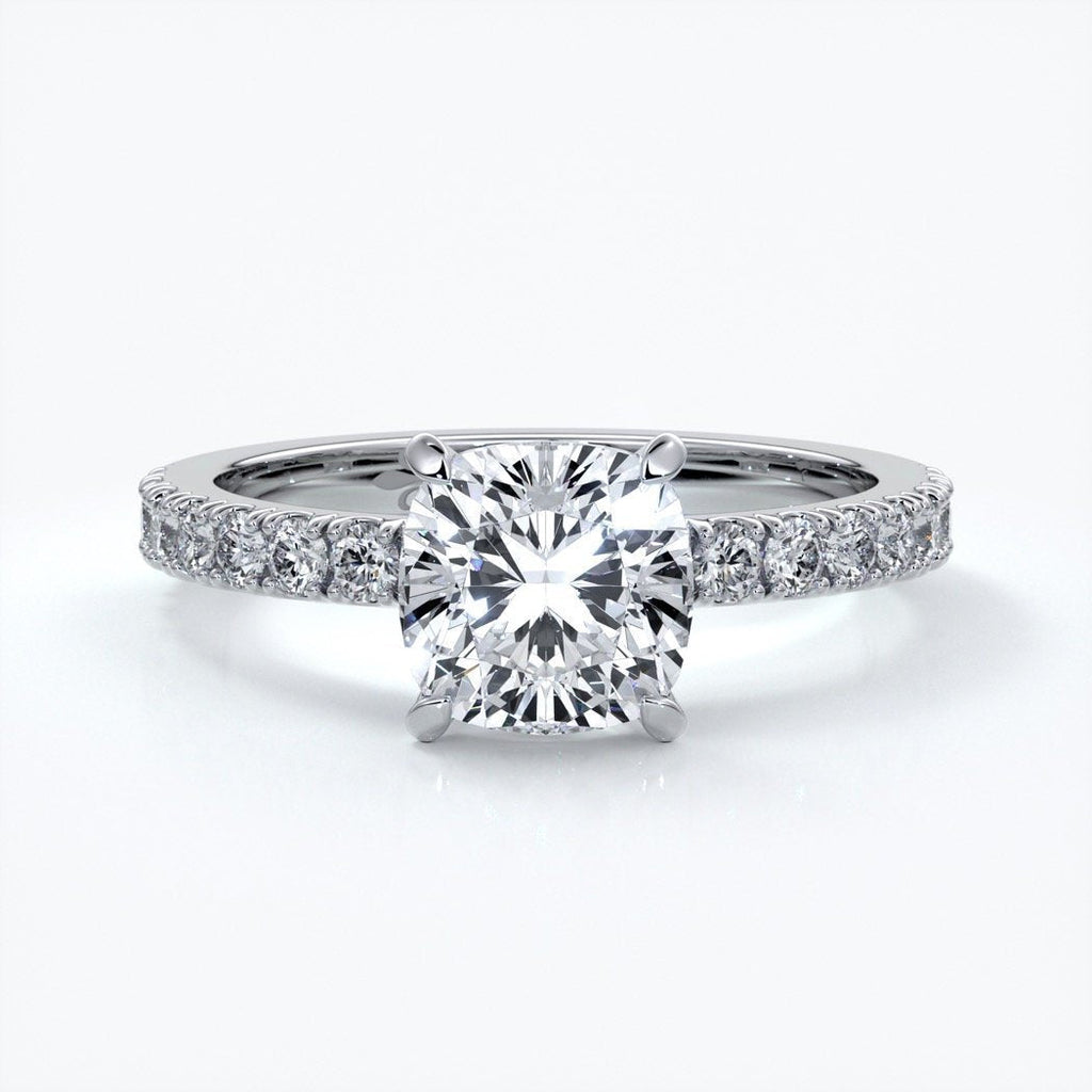 Belle Engagement ring cushion cut diamond 4 claw diamond band platinum