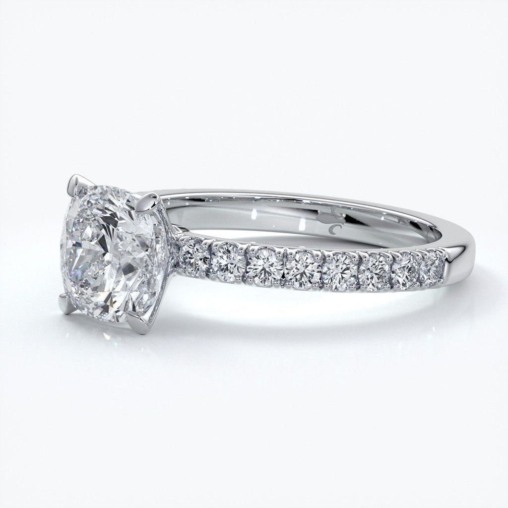 Belle Engagement ring cushion cut diamond 4 claw diamond band platinum