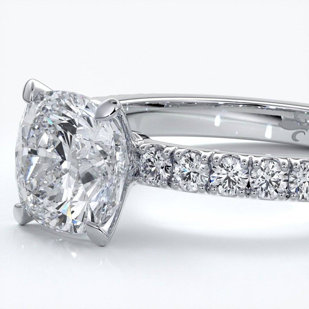 Belle Engagement ring cushion cut diamond 4 claw diamond band platinum