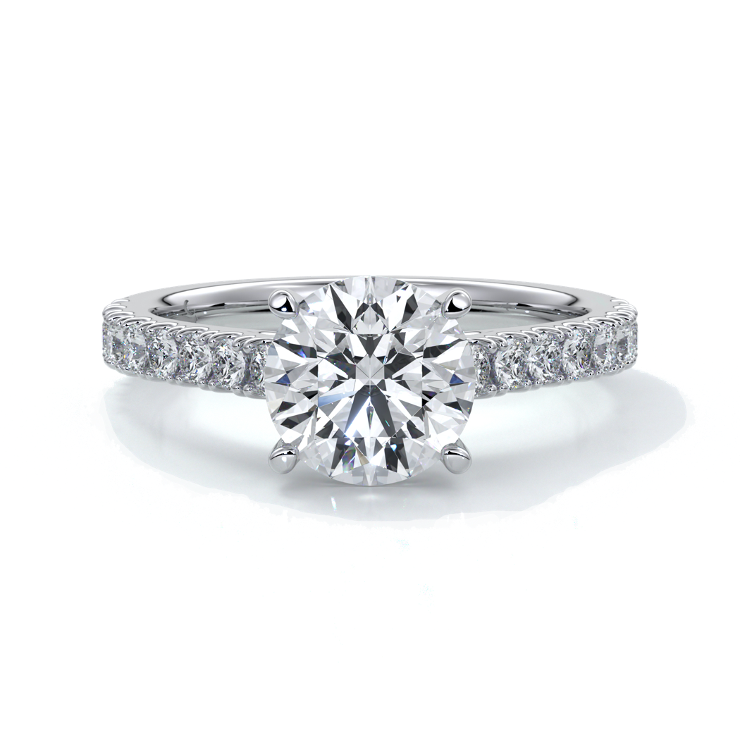 Platinum ring with round diamond secured with four claws in a cathedral setting with shoulder diamonds