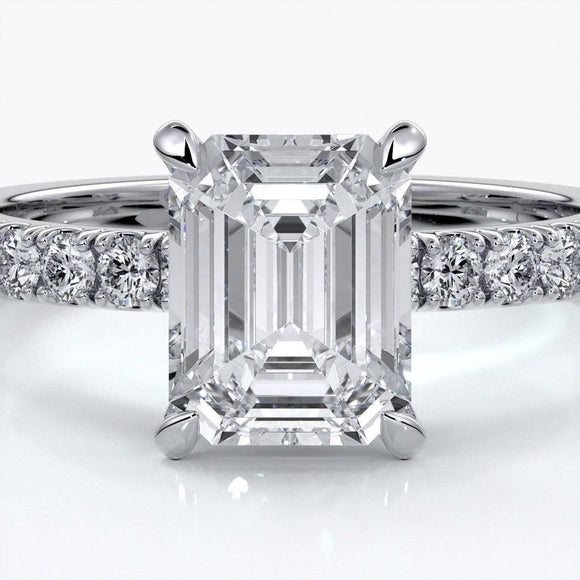 Charlotte Engagement Ring emerald diamond 4 claw diamond band platinum