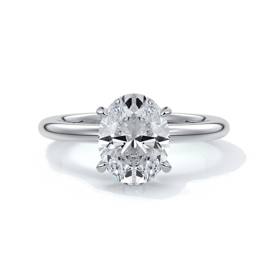 Platinum ring featuring a two carat oval diamond secured with four claws