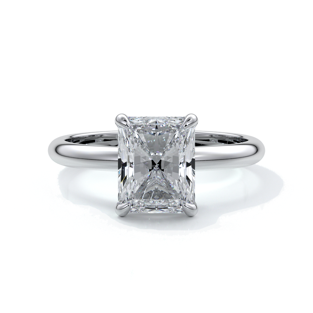 Platinum ring with a two carat radiant cut diamond enhanced with a Platinum band