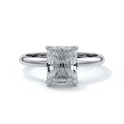 Platinum ring with a two carat radiant cut diamond enhanced with a Platinum band