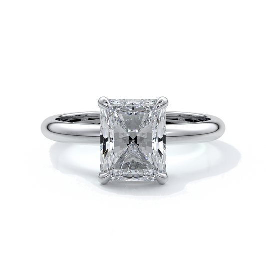Platinum ring with a two carat radiant cut diamond enhanced with a Platinum band