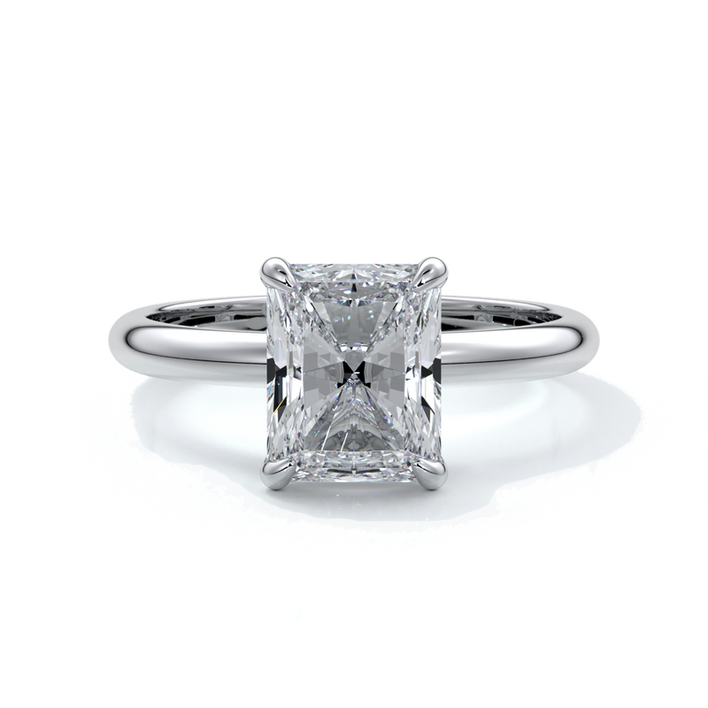 Platinum ring with a two carat radiant cut diamond enhanced with a Platinum band