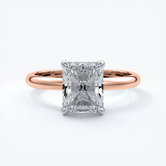 Rose gold ring with two carat radiant cut diamond