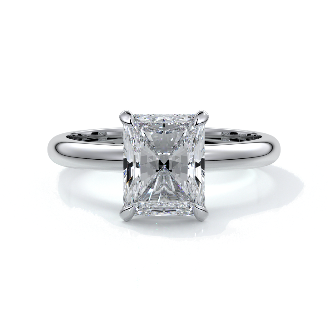 Platinum ring with a two carat radiant cut diamond secured in four claws