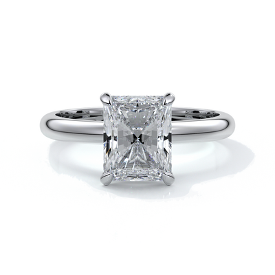 Platinum ring with a two carat radiant cut diamond secured in four claws